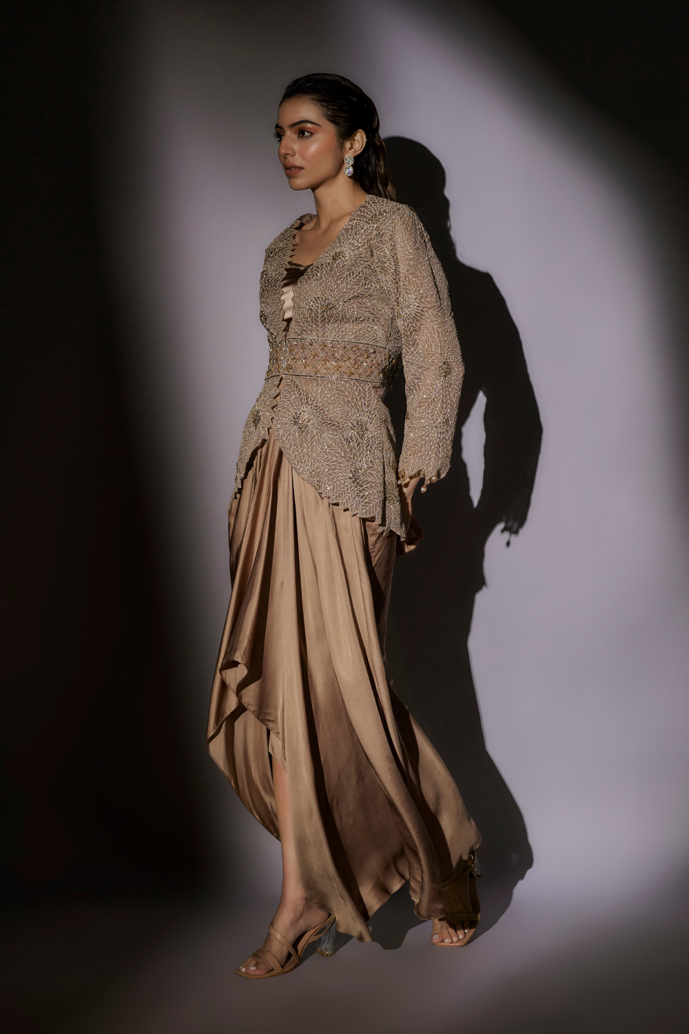 Nia Cape Set - Embroidered Badla Jacket with Fluid Lycra Satin Skirt