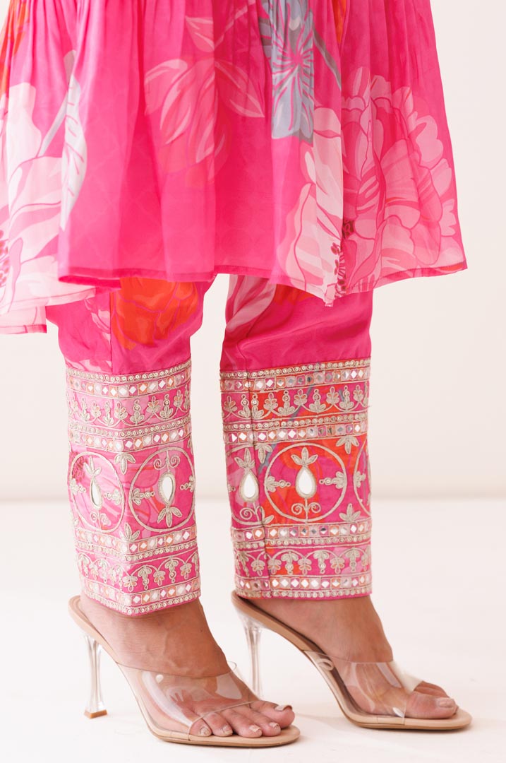 Pink and orange dori work kurta set