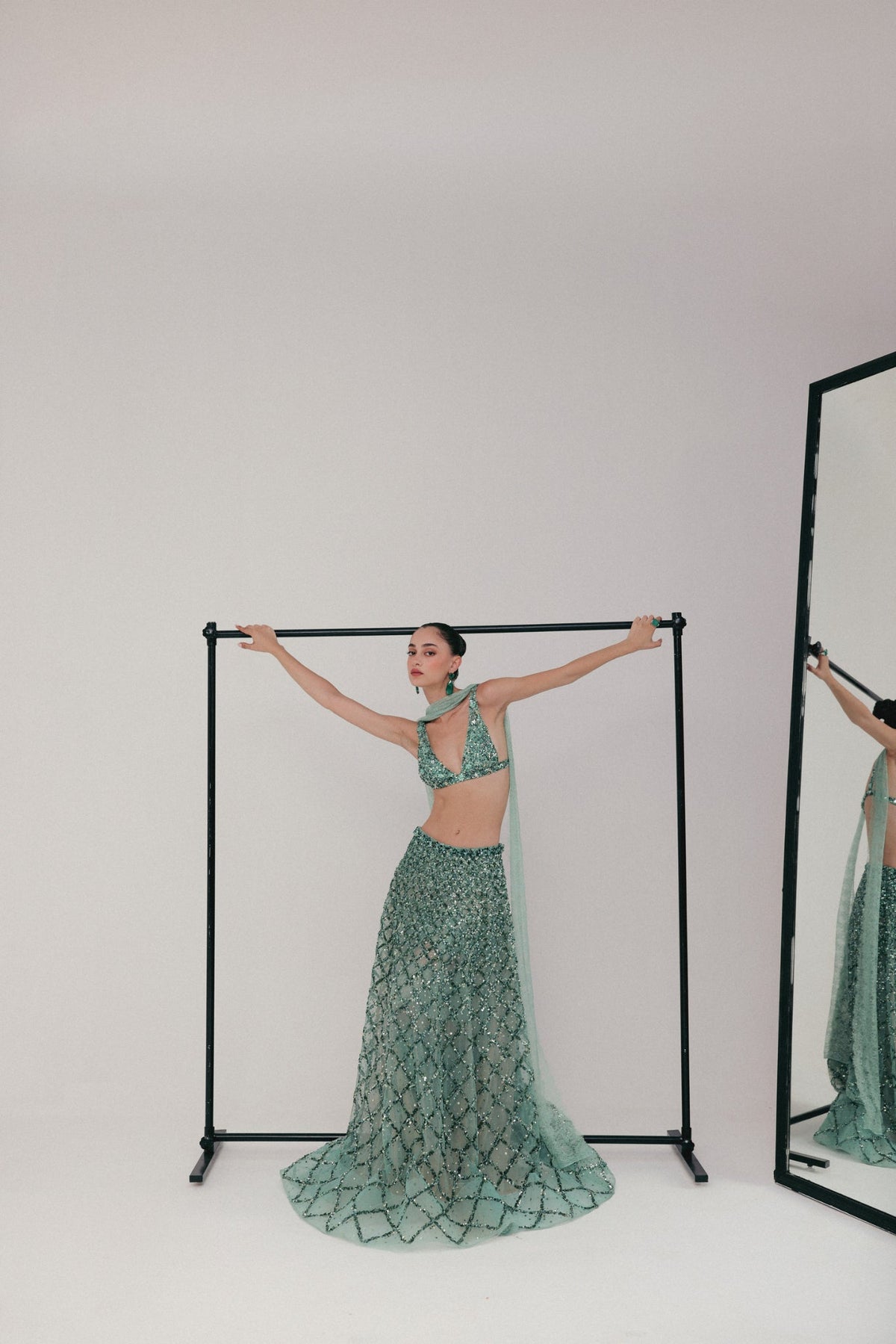 Sequin & Zardosi Embroidery, Soft Tulle & Silk with French Lace, Skirt Set, Blouse and Flared Silhouette