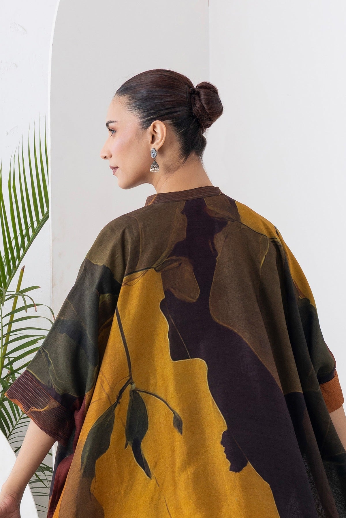 Mustard & Brown Viscose Dupion Printed Kaftan Style Dress Set (3 PCS)