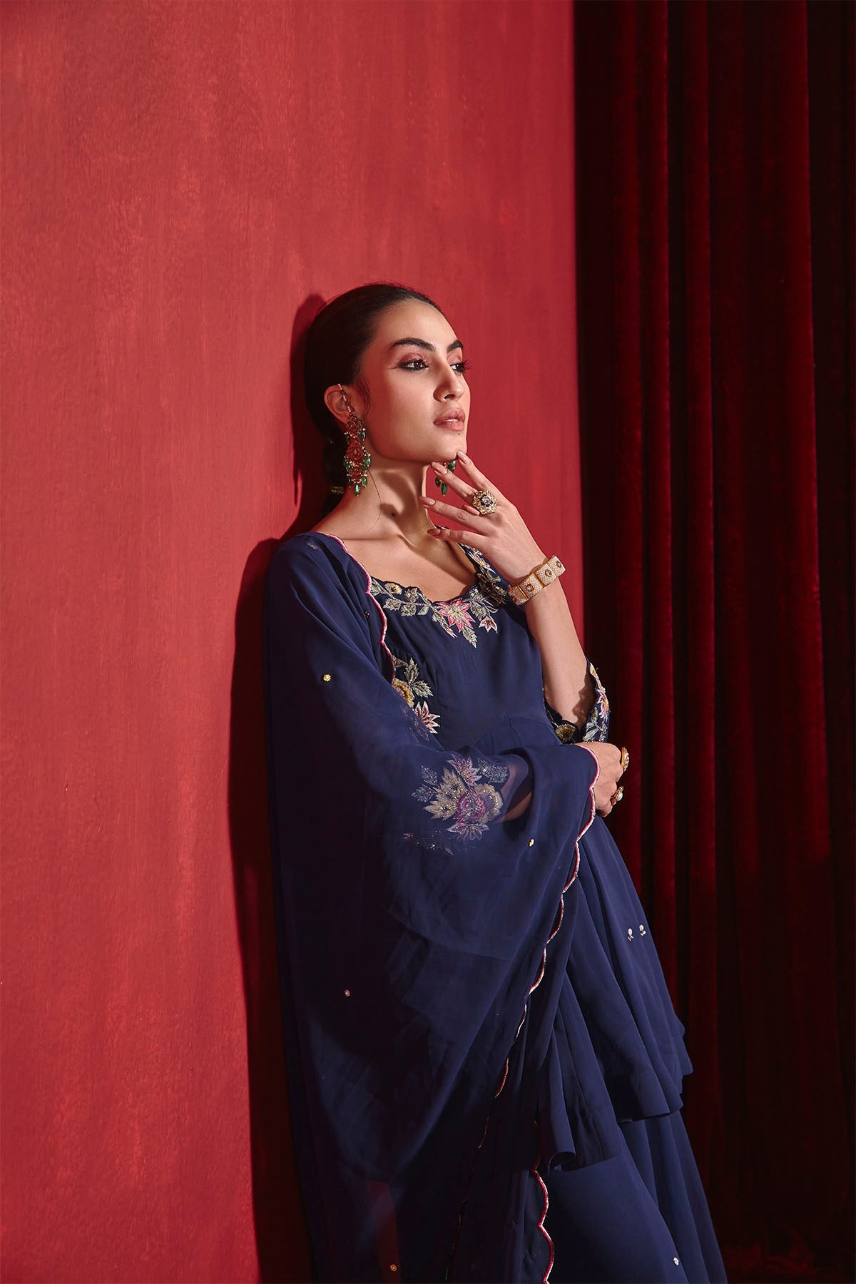 Navy Blue Embroidered Peplum Kurta with Sharara & Organza Dupatta