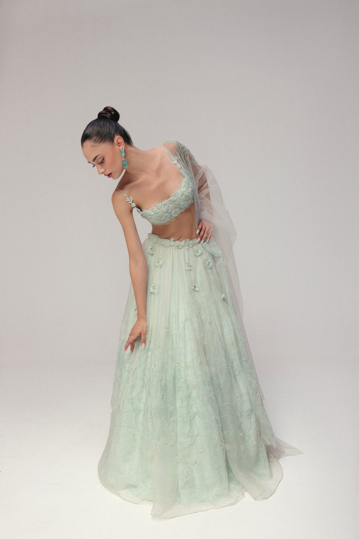 Beaded Floral Embroidery, Tulle & Silk Organza with Lace, Skirt Set, Underwired Blouse Silhouette