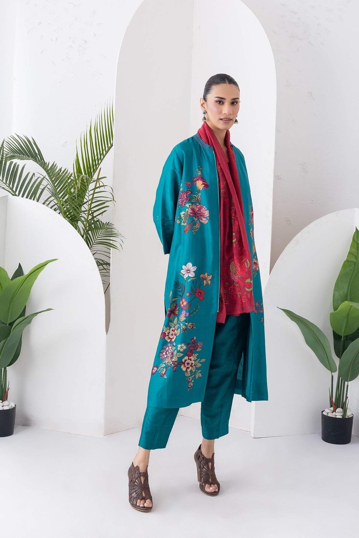 Emerald Silk Chanderi Floral Printed Front-Zip Dress Set (3 PCS)