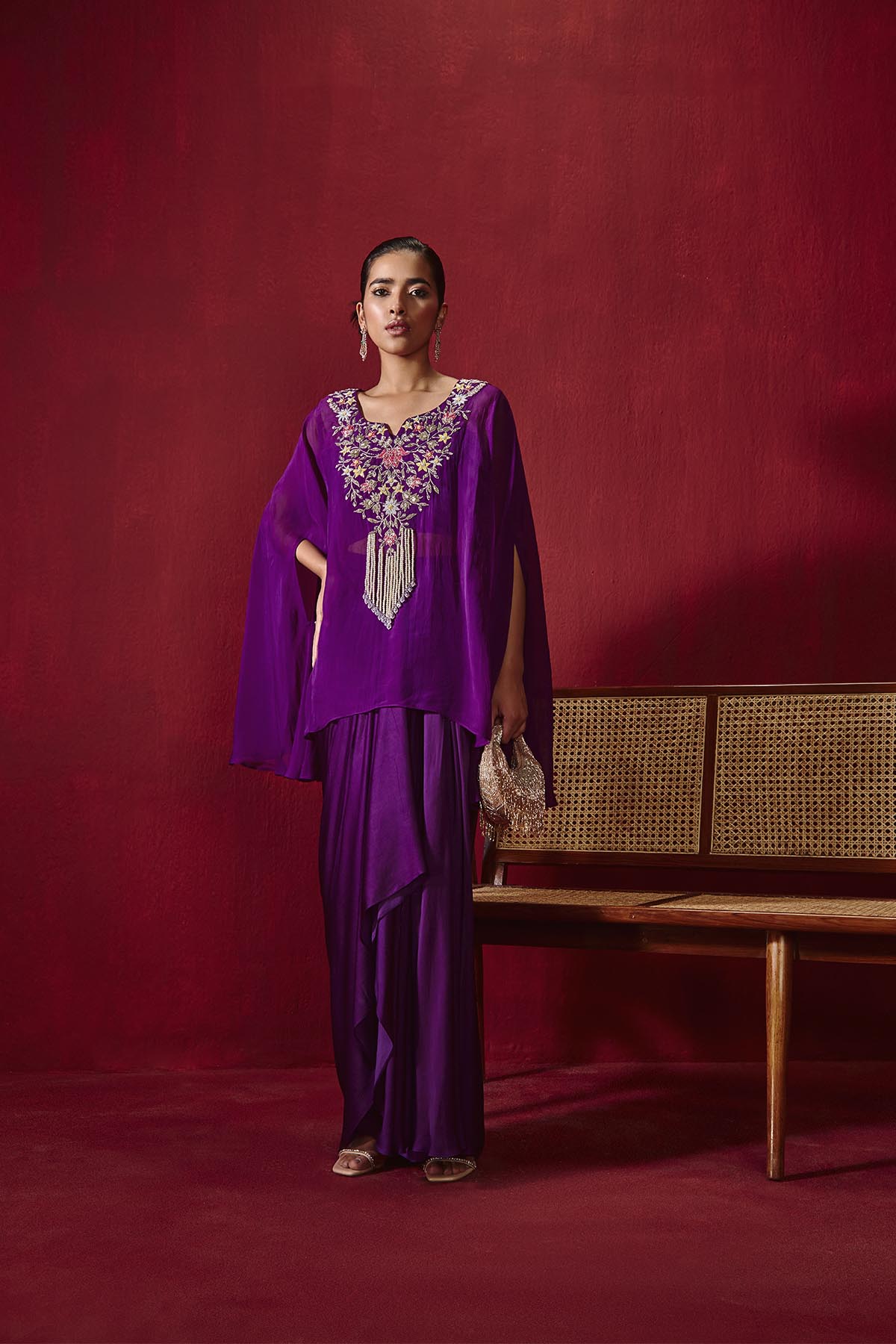 Chahat Purple Embroidered Organza Cape & Modal Silk Pick-Up Skirt