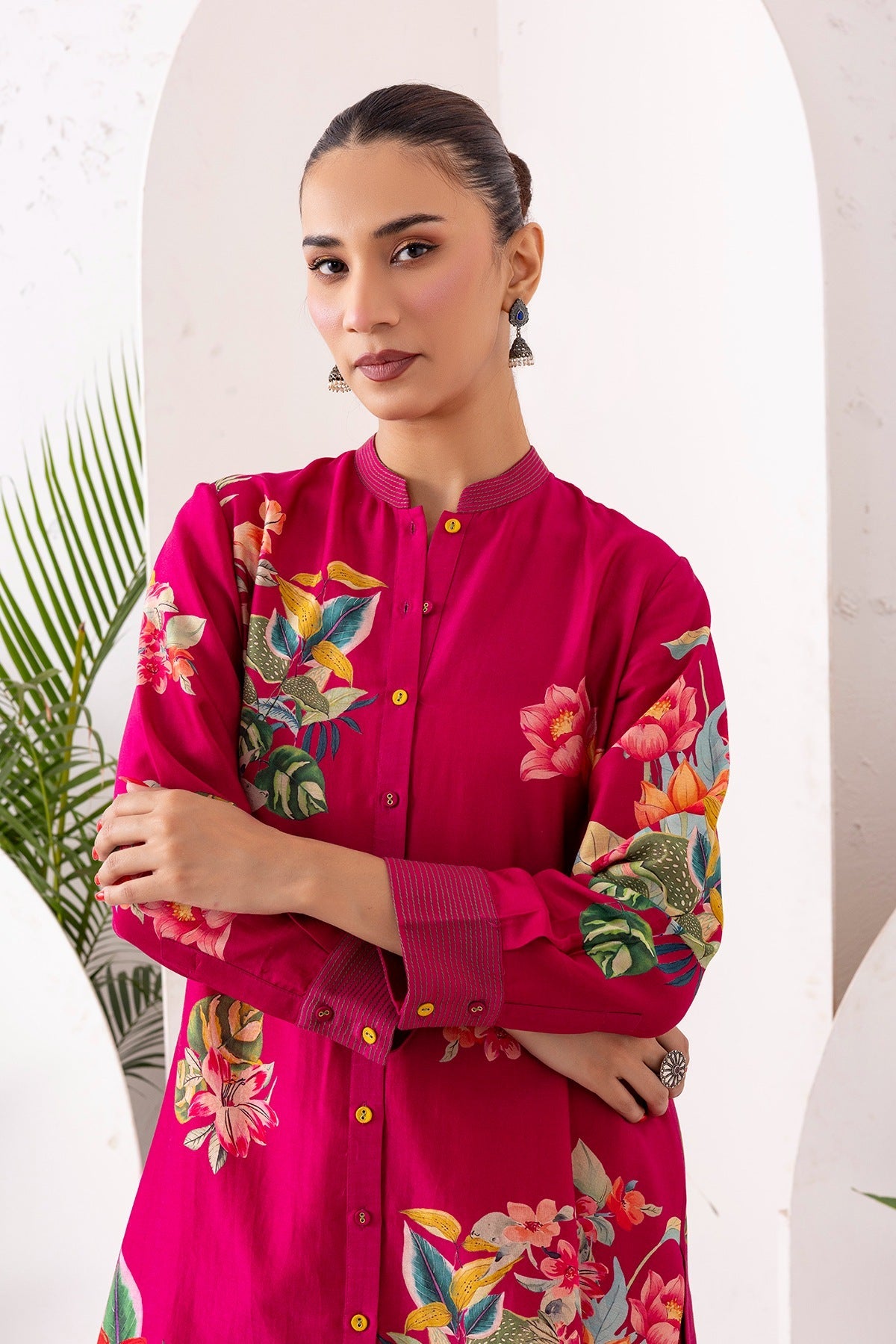Hot Pink Silk Chanderi Printed Shirt Style Tunic Set (2 PCS)