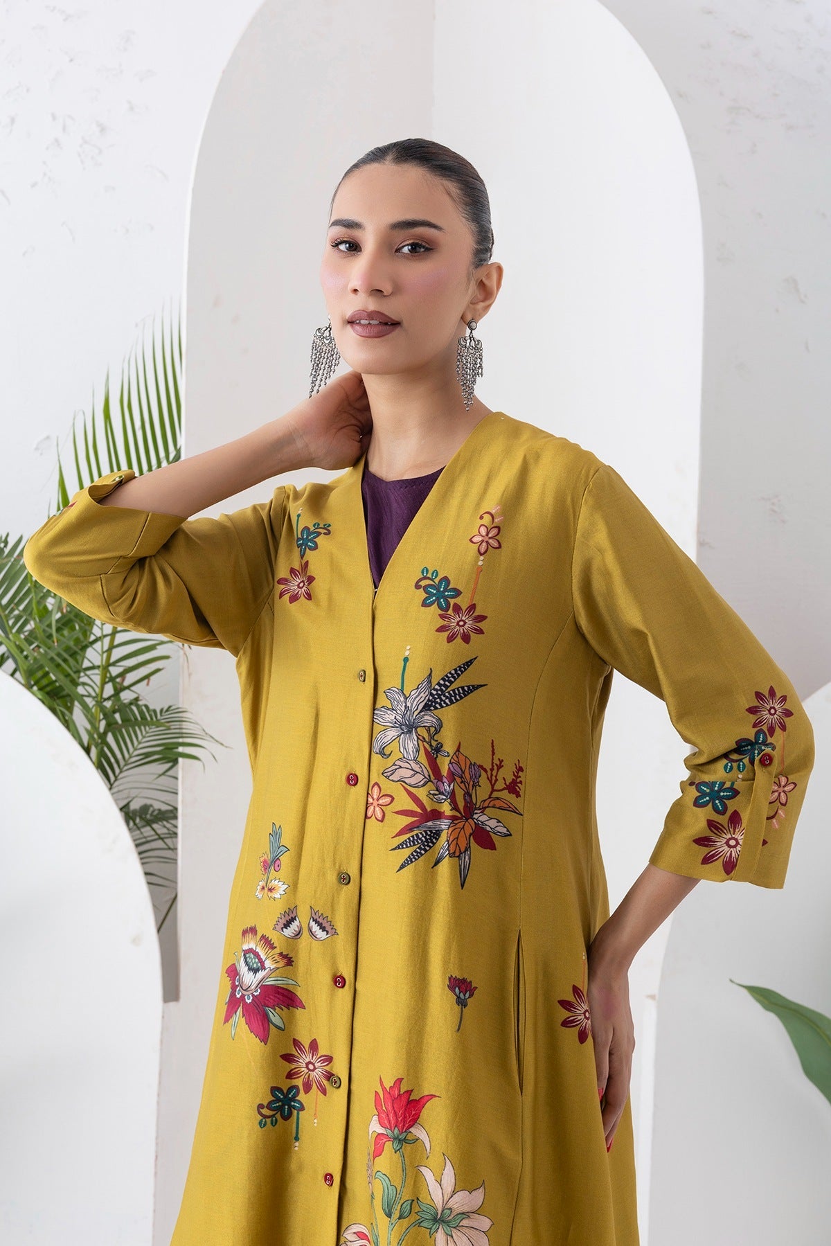 Mustard Silk Chanderi Printed High-Low Dress Set (3 PCS)