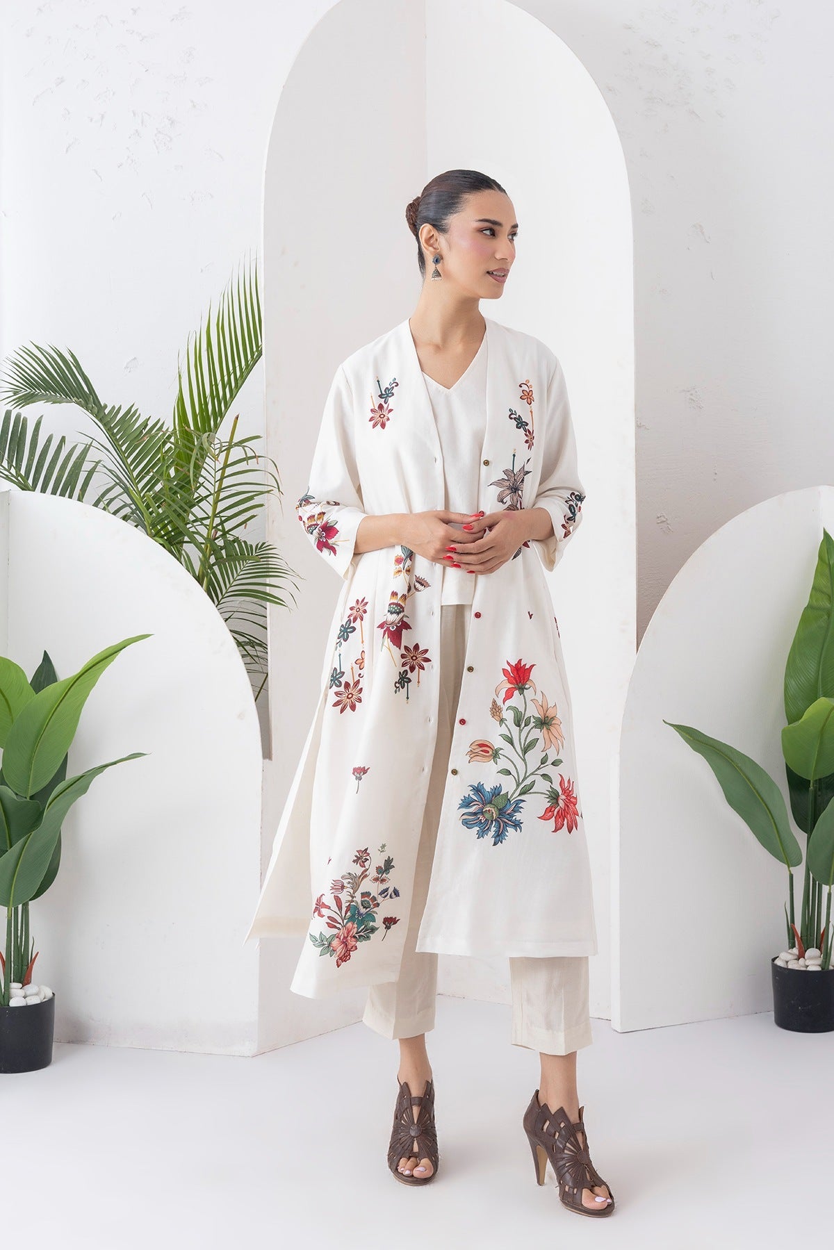 Ivory Silk Chanderi Printed High-Low Dress Set (3 PCS)