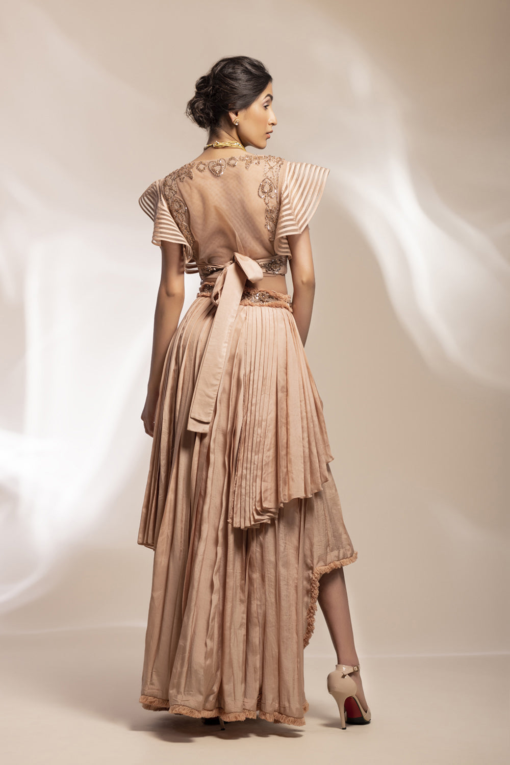 Champaign Silk Pleated Skirt Ensemble With Embroidered - Auraya Fashion 