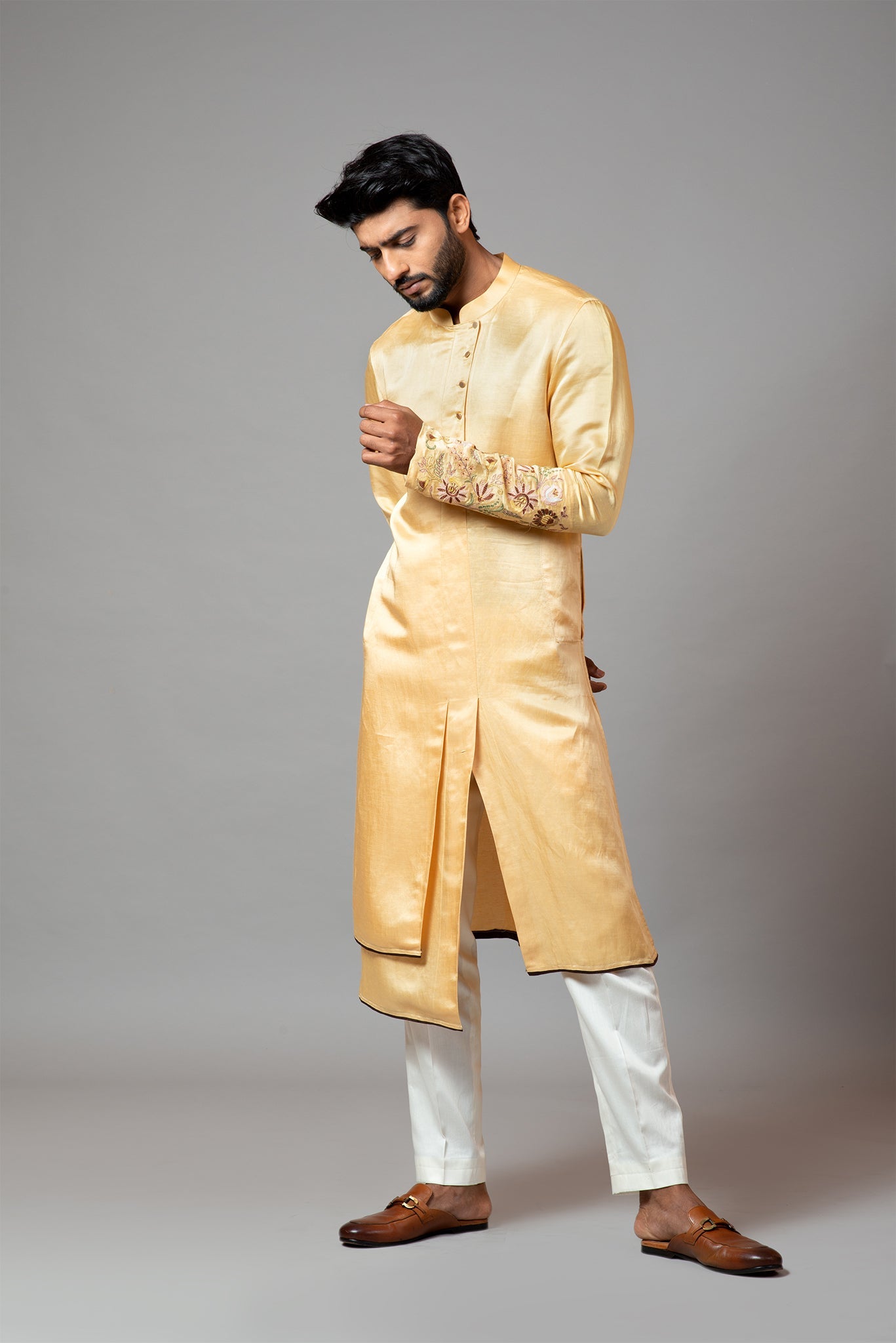 Assymetric Double Panel Kurta With Embroidered Sleeve And Pant Pajama Set
