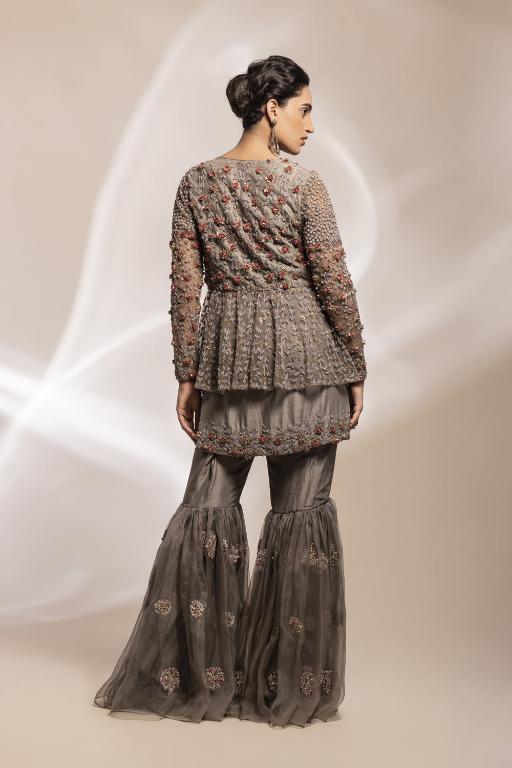 Antique Grey Tulle Peplum Jacket With Embroidered Gharara Ensemble. - Auraya Fashion 