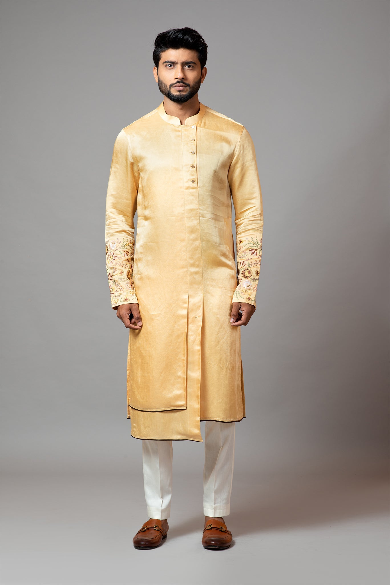 Assymetric Double Panel Kurta With Embroidered Sleeve And Pant Pajama Set