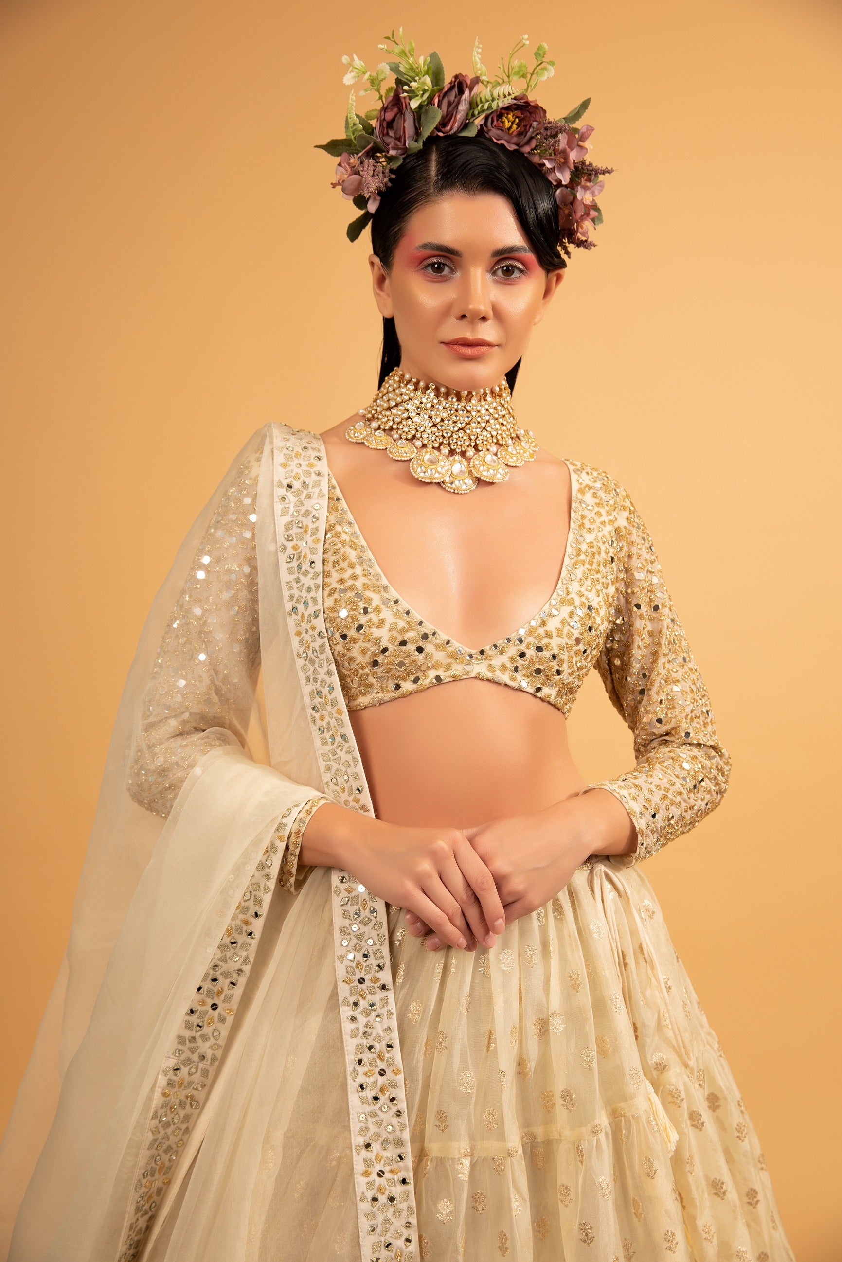 Ivory banarasi organza lehenga set