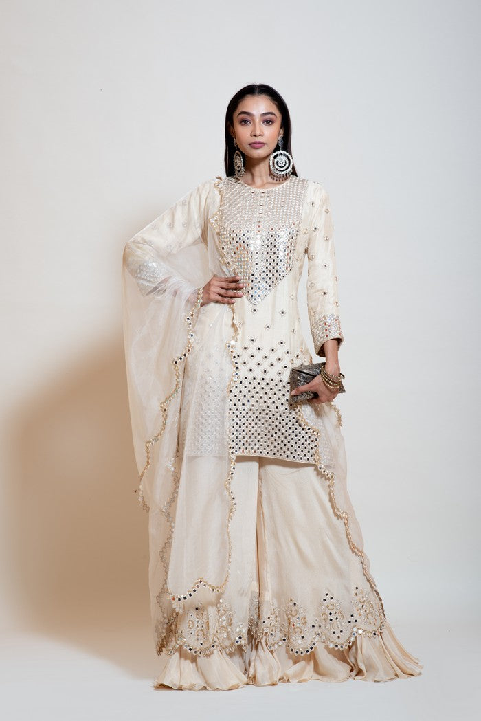 Ivory Mirrorwork Sharara Set