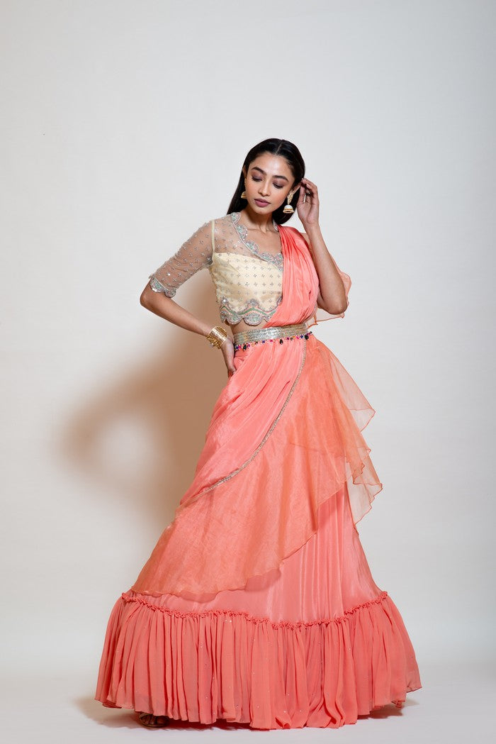 Peach Ruffle Drape Lehenga Saree