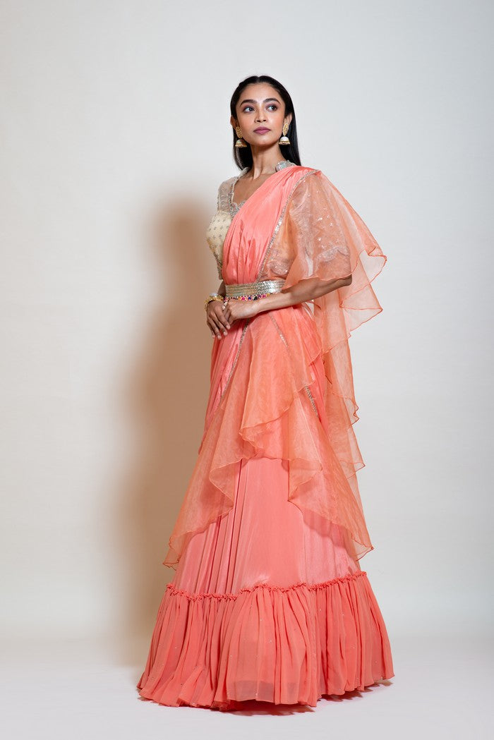 Peach Ruffle Drape Lehenga Saree