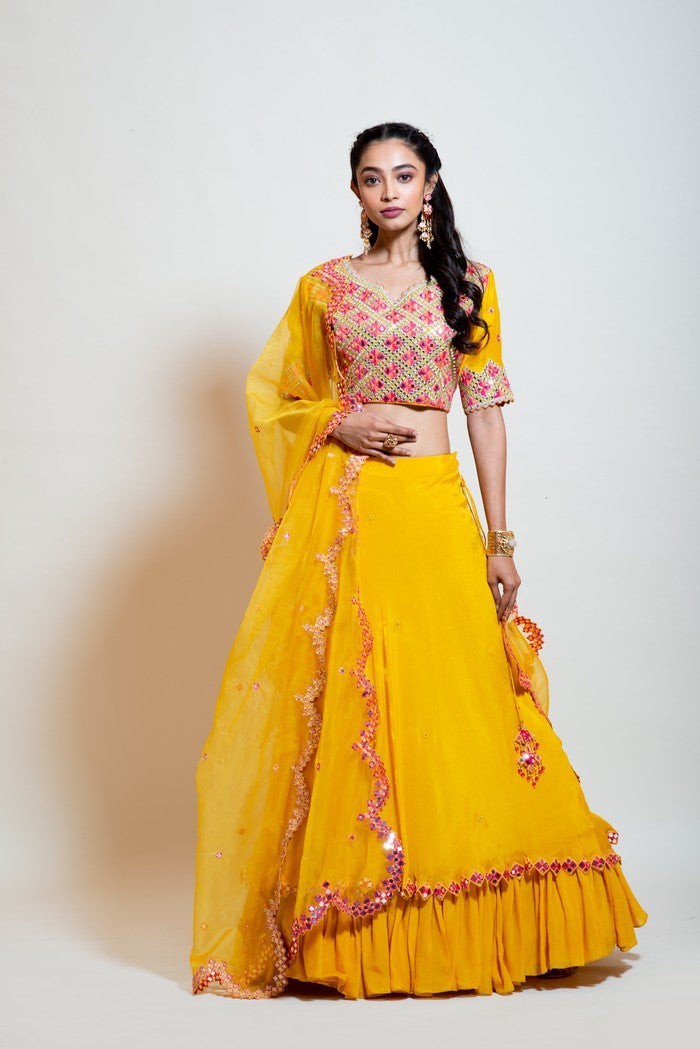 Chrome Yellow  Double Layered Mirror Lehenga set