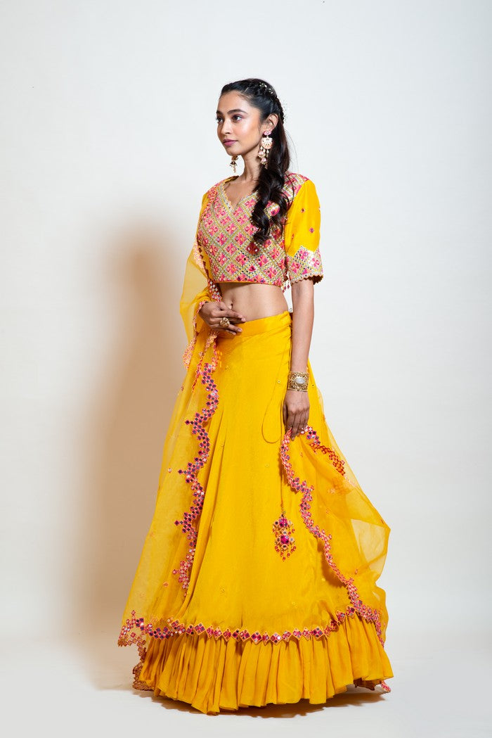 Chrome Yellow  Double Layered Mirror Lehenga set