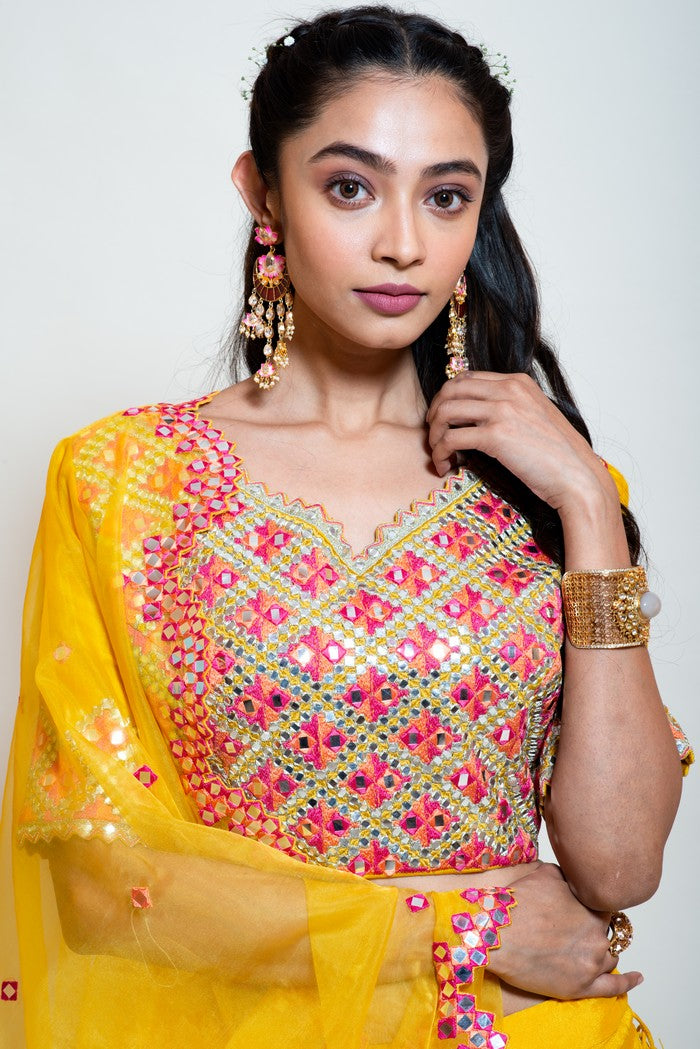 Chrome Yellow  Double Layered Mirror Lehenga set