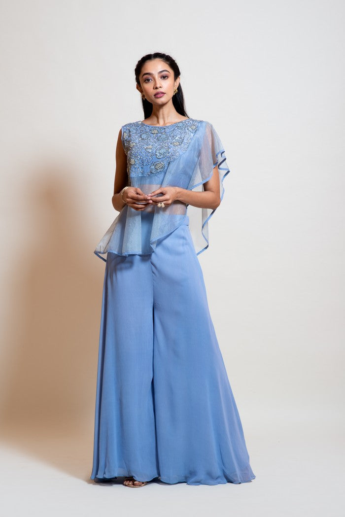 Light Blue  Crop Top  & Flared Pant Set