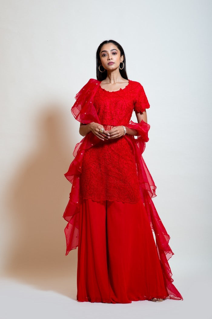 Cherry Red Sheer Sharara Set