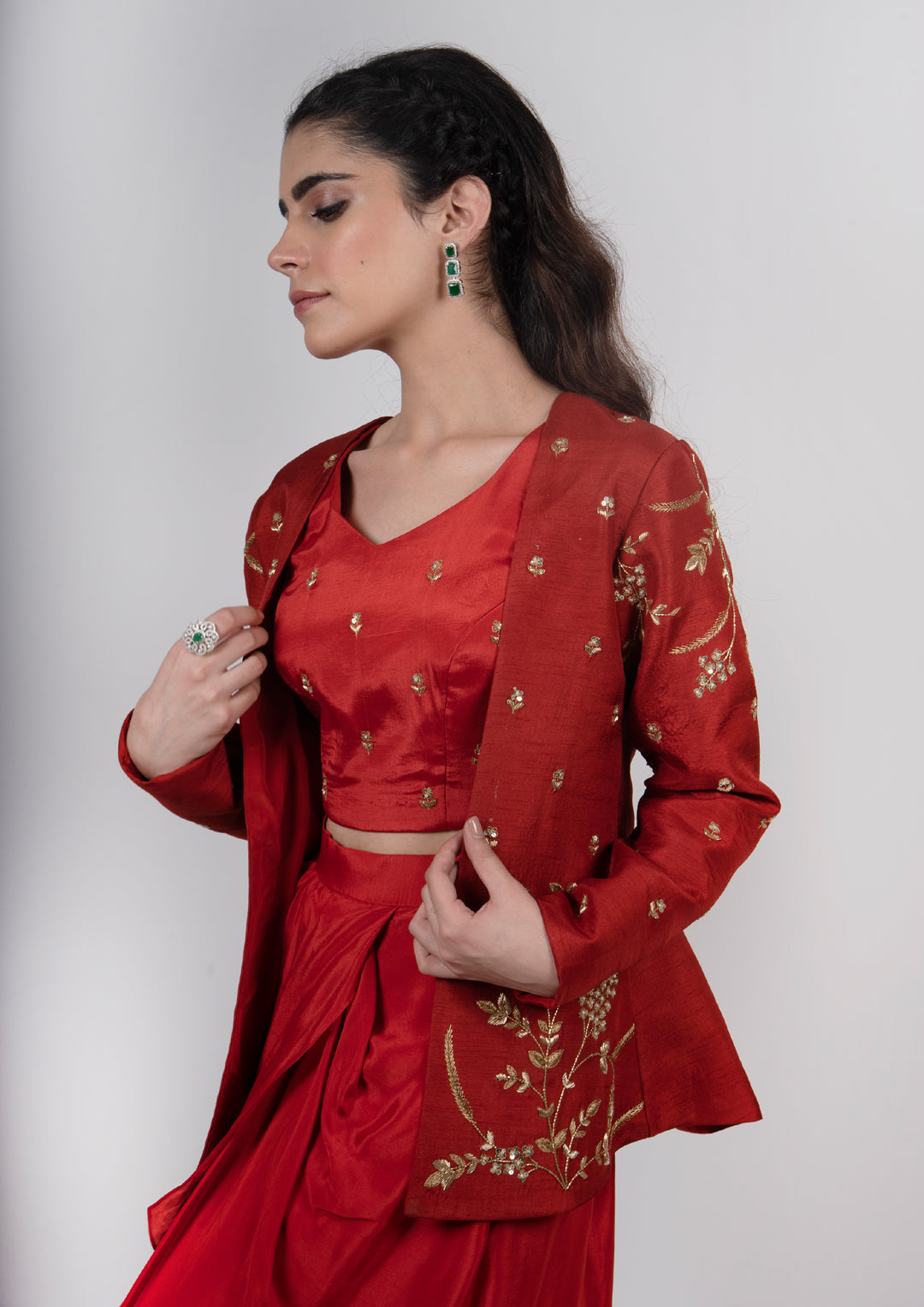 Rust Jacket Drape Skirt Set