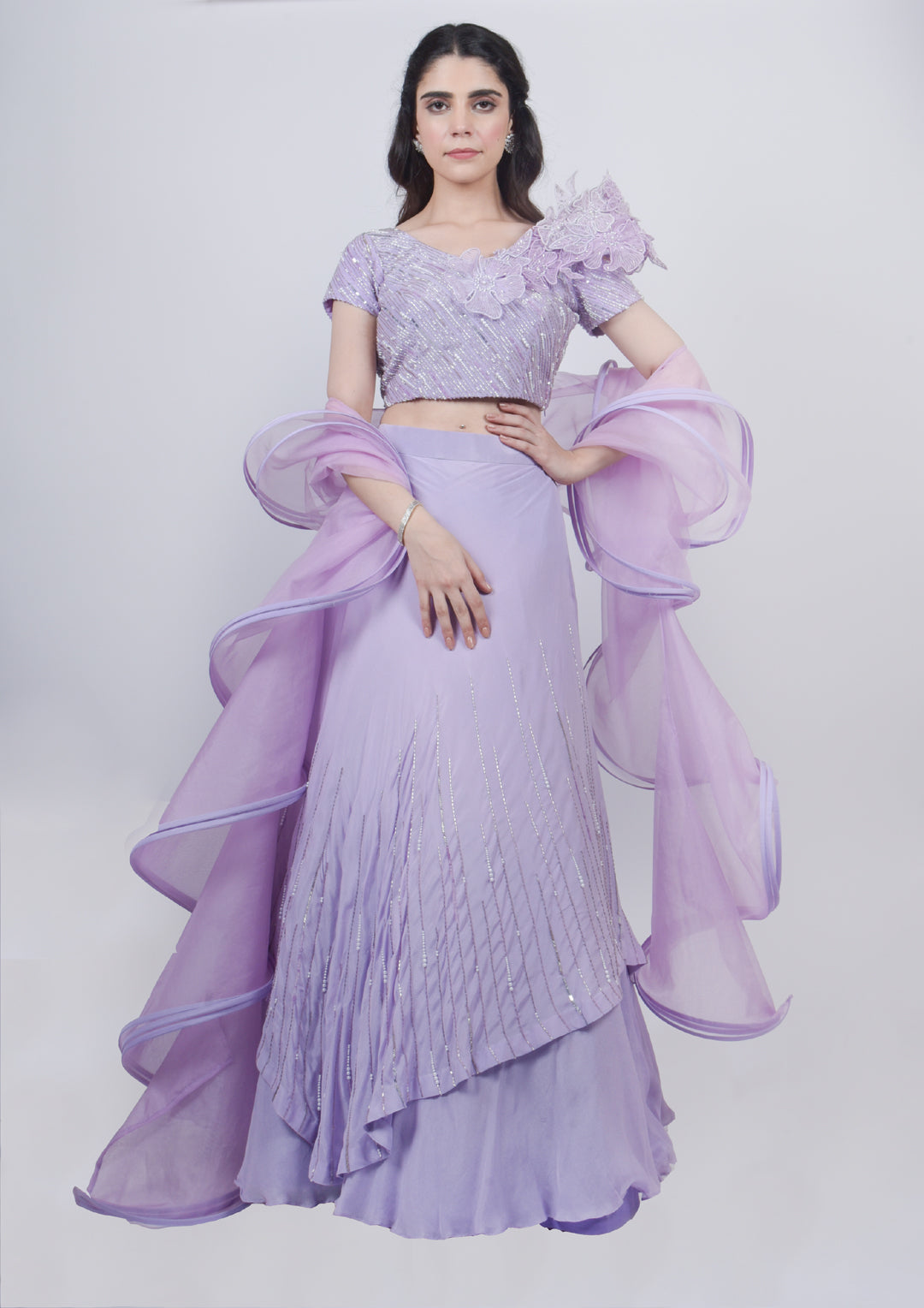 Lavender structured Blouse With Double Layered Skirt