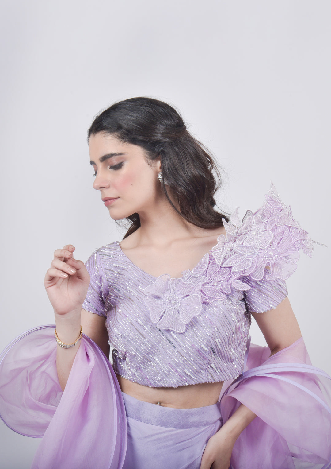 Lavender structured Blouse With Double Layered Skirt