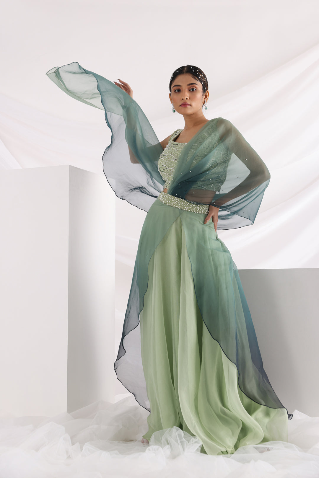 Green wave pant saree set