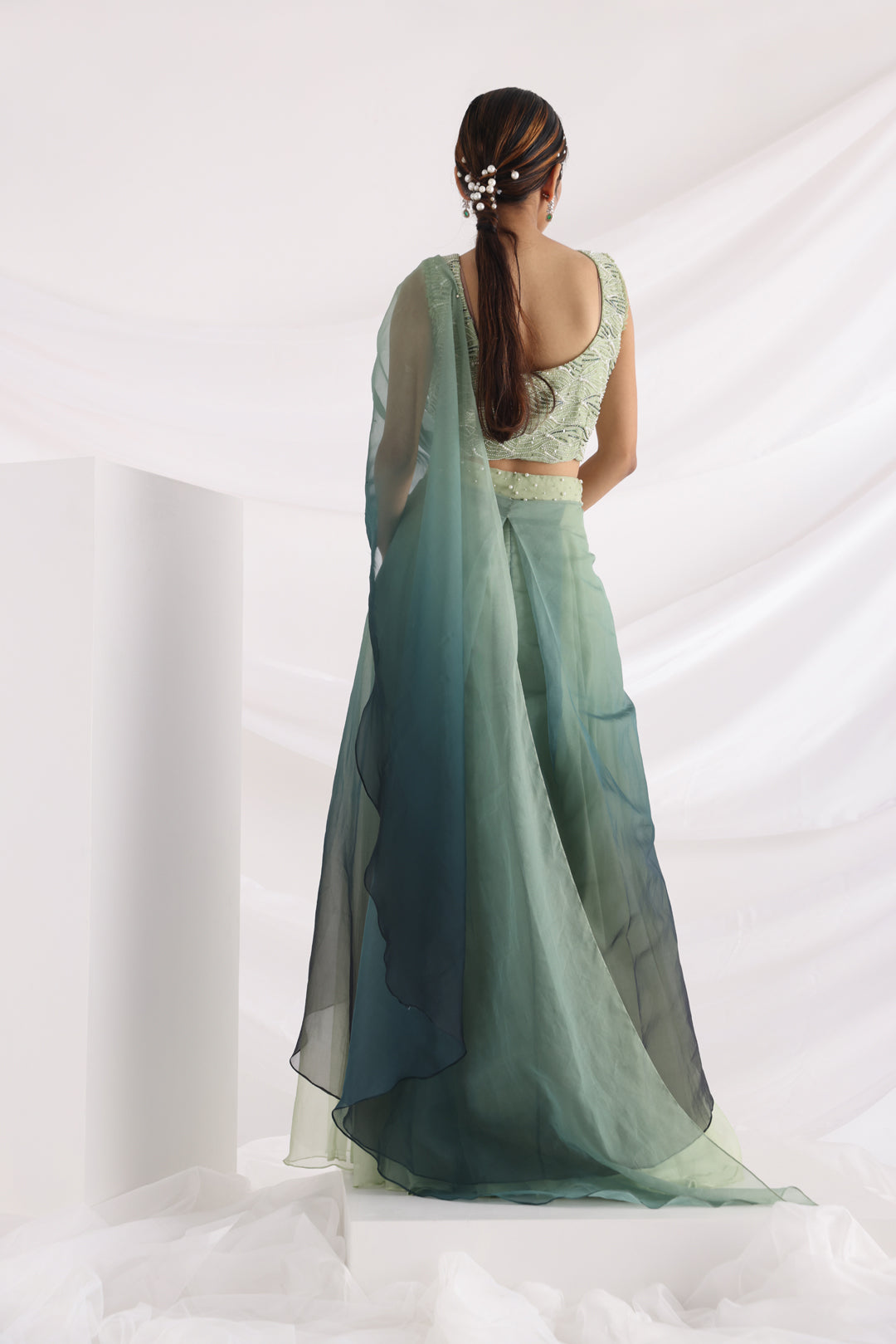 Green wave pant saree set