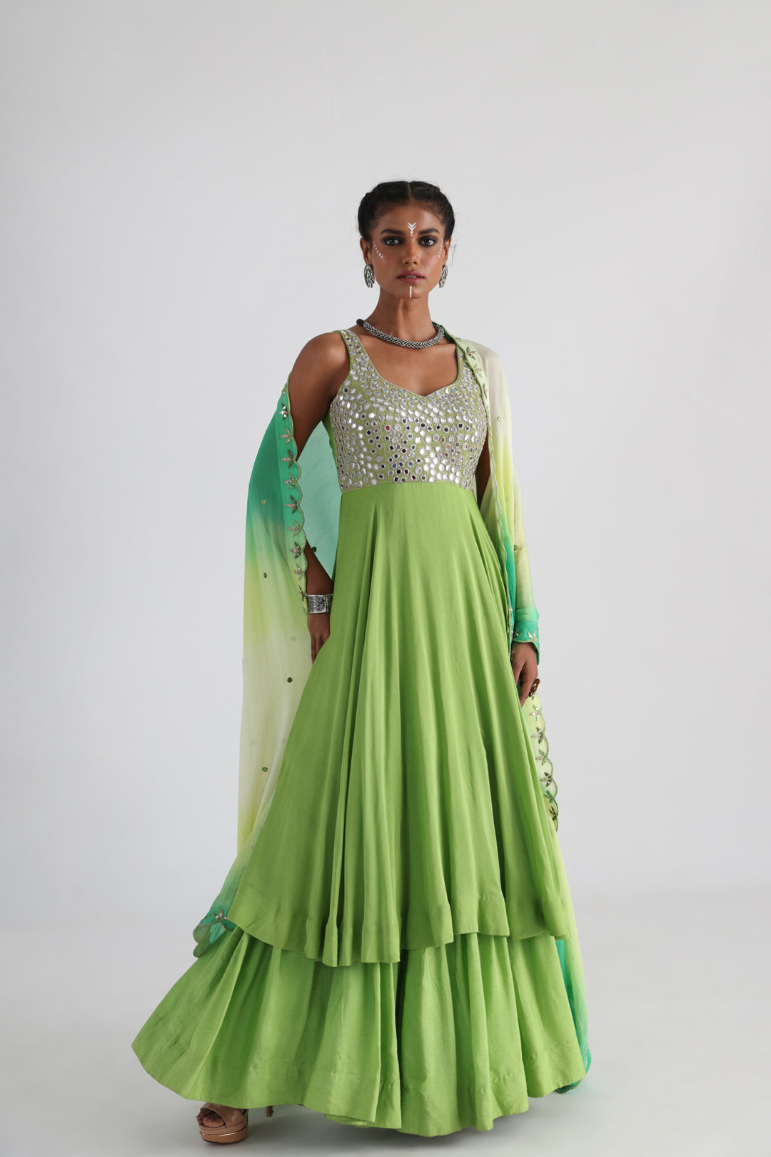 Green mirrorwork anarkali