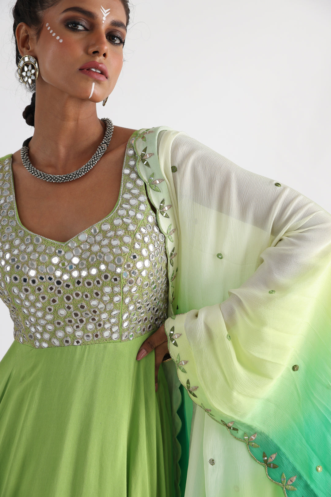 Green mirrorwork anarkali