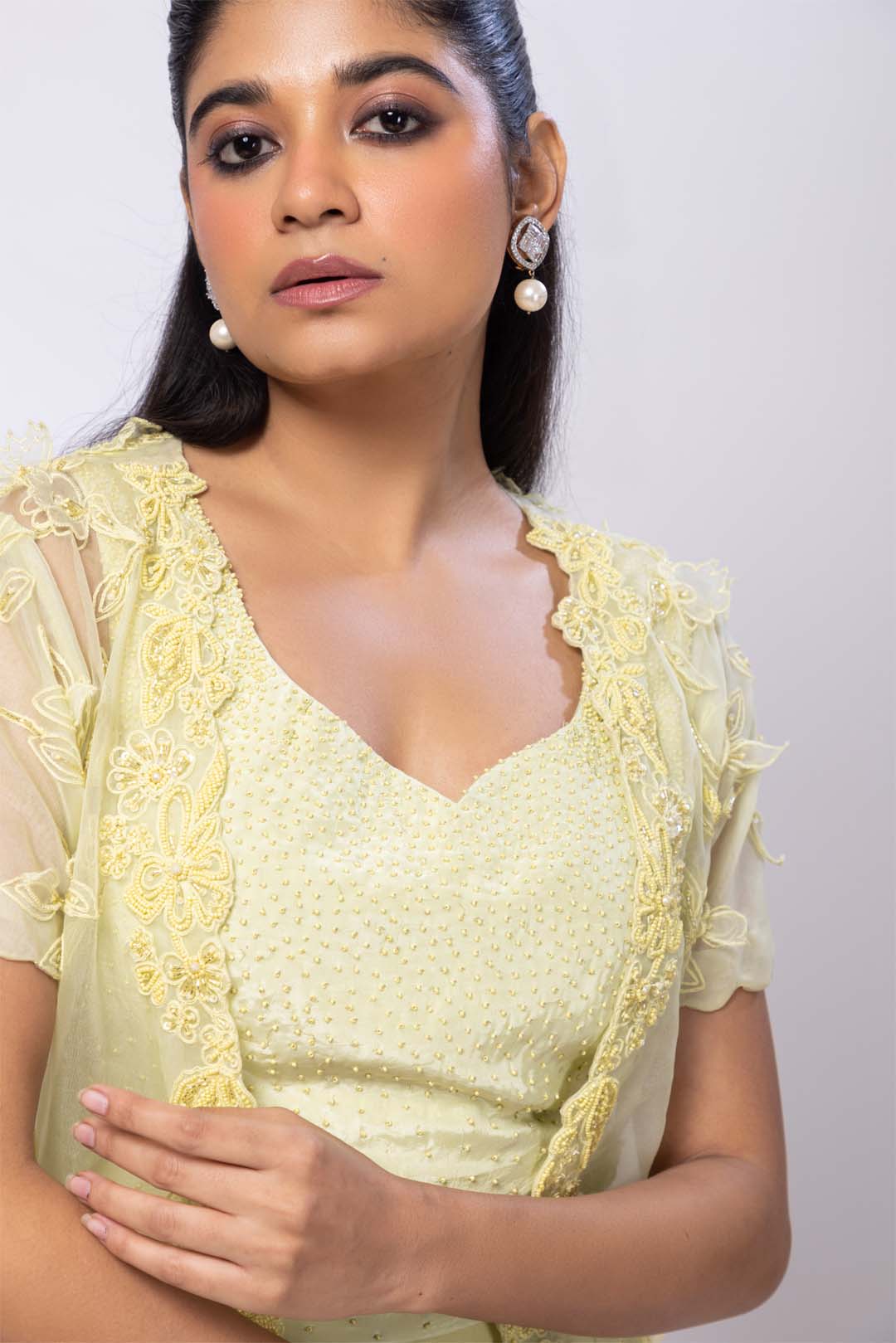 Lime yellow wildflower jacket and drape skirt set