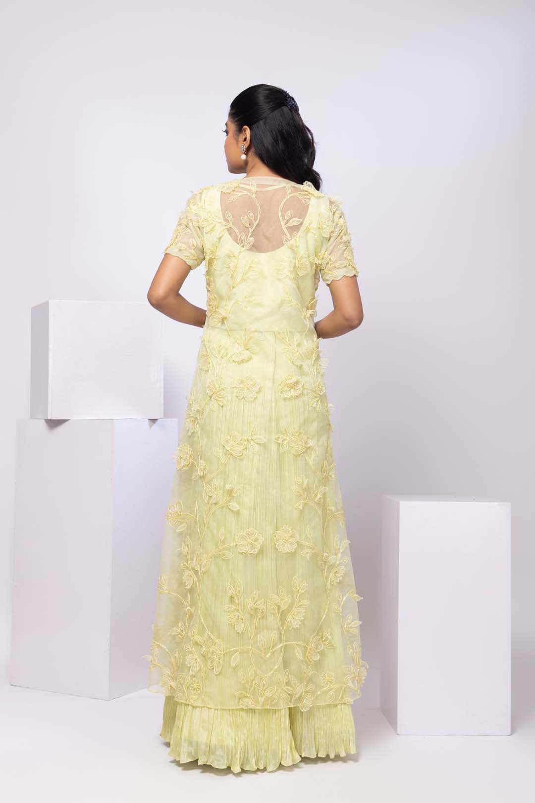 Lime yellow wildflower jacket and drape skirt set