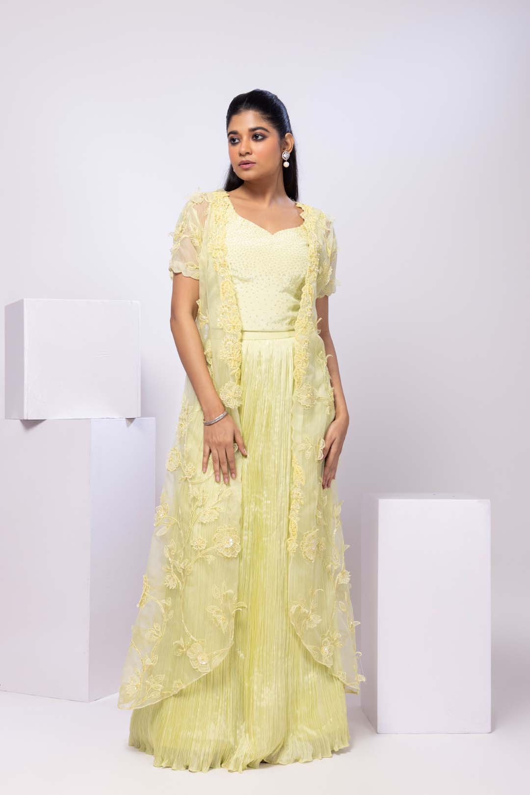 Lime yellow wildflower jacket and drape skirt set