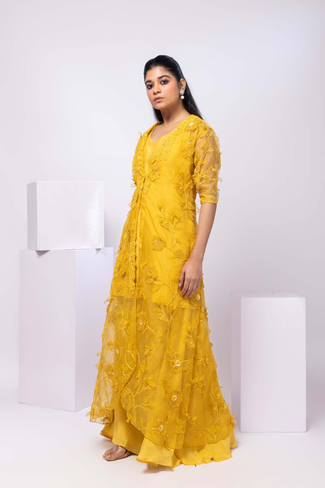 Yellow Wildflower Jacket and Drape Skirt Set