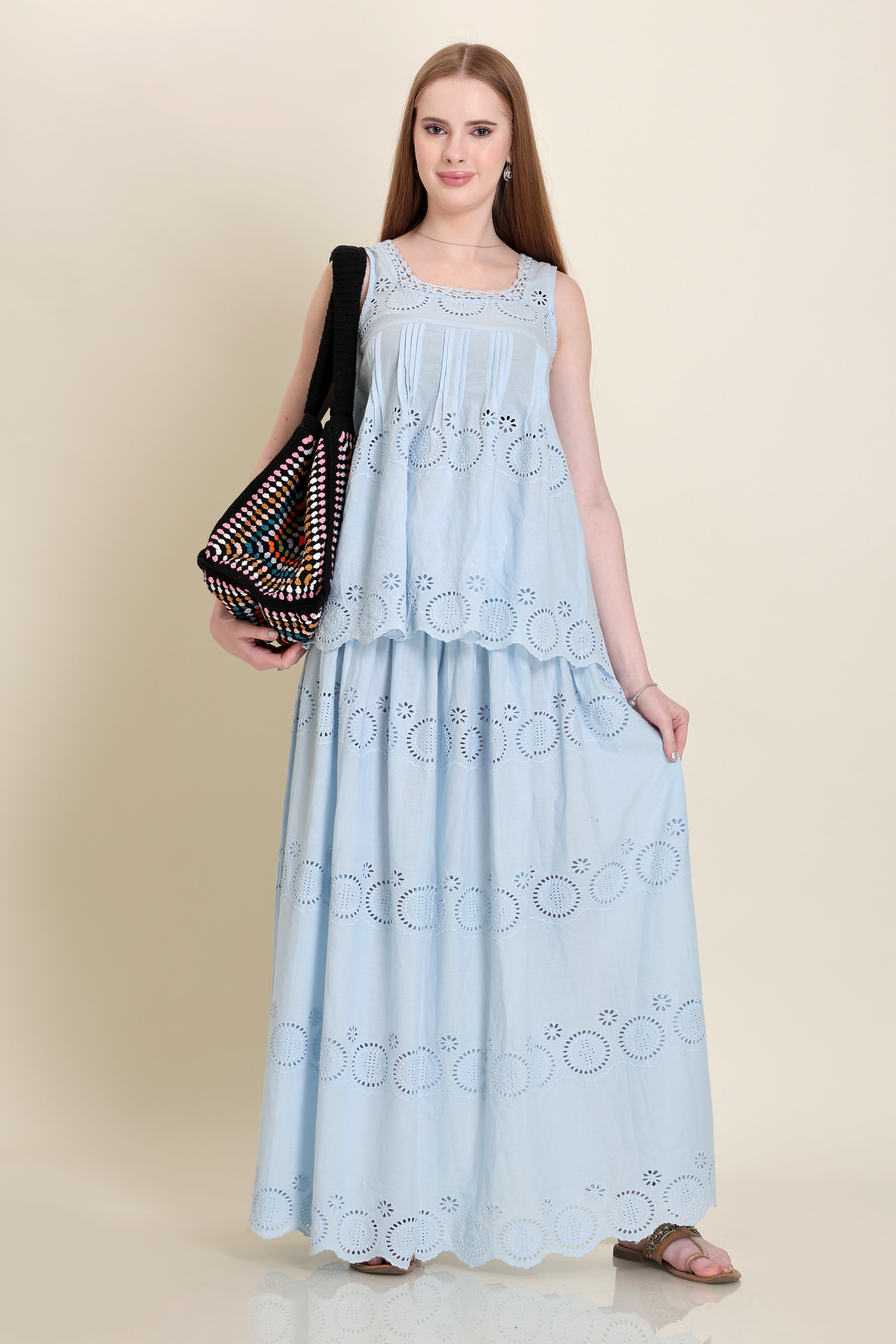 Sky-blue schiffli fabric co-ord set