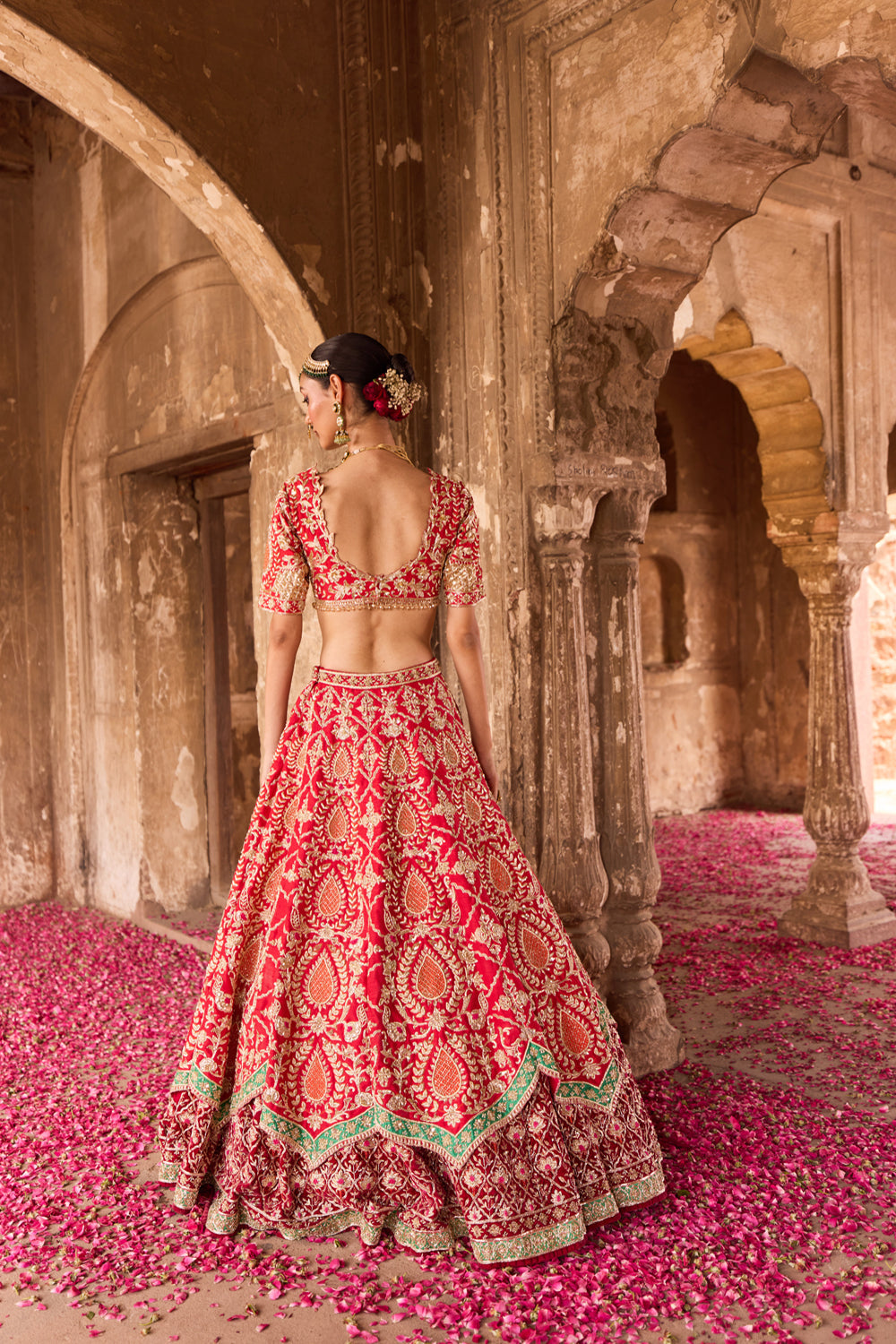 "Agasthi" Red Raw Silk Zardosi Embroidered Double Layer Bridal Lehenga Set