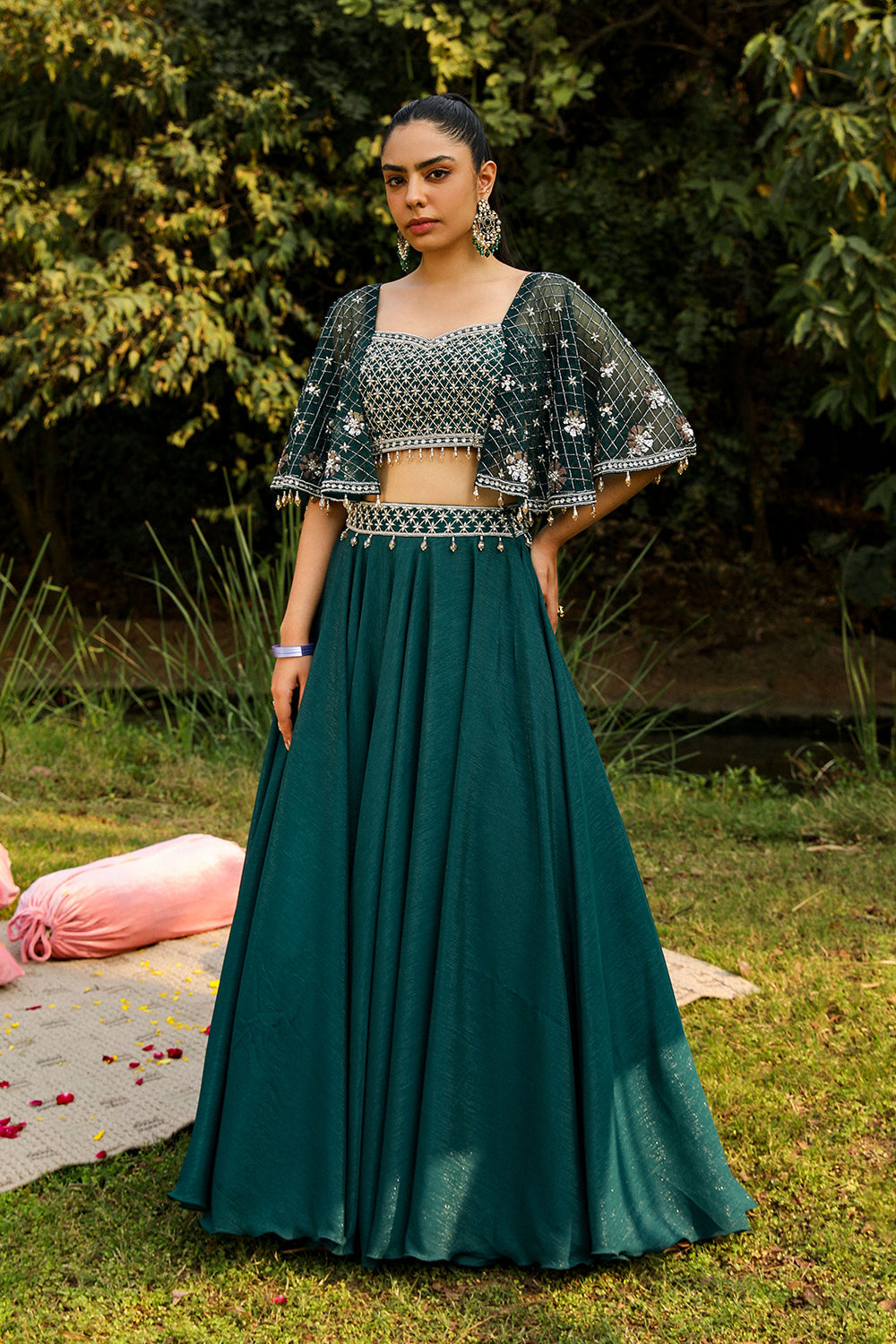 Aashvi Green Organza Skirt Set with Heavy Petal Embroidery Blouse