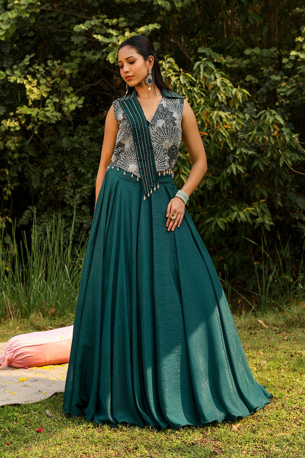 Aahana Green Badla Embroidered Organza Skirt Set for Festive Wear
