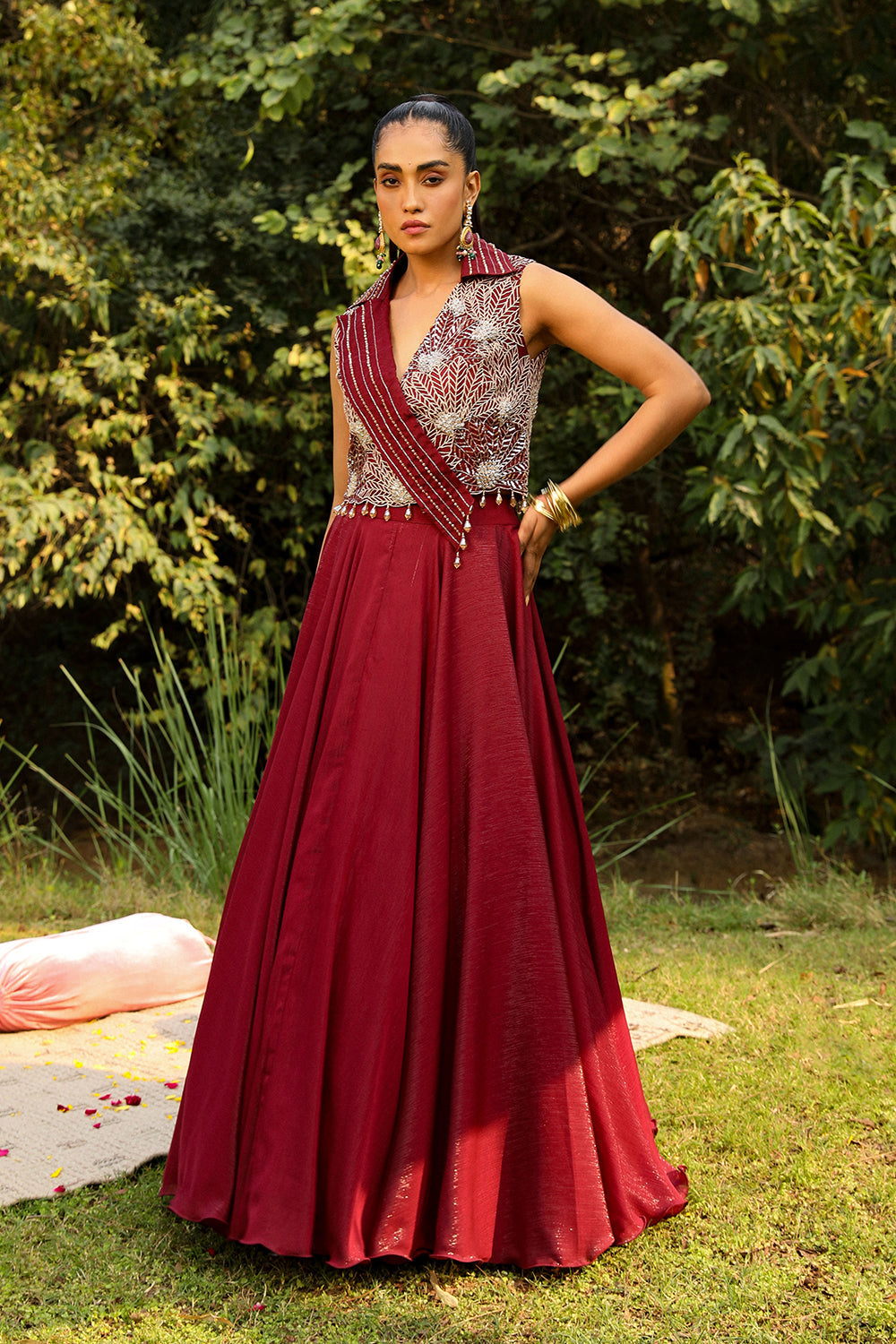 Aahana Wine Badla Embroidered Crop Jacket & Organza Skirt Set