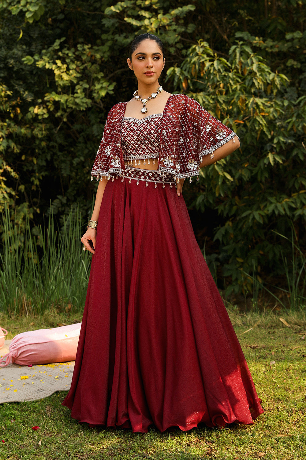 Aashvi Wine Embroidered Skirt Set with Structured Cape Sleeves