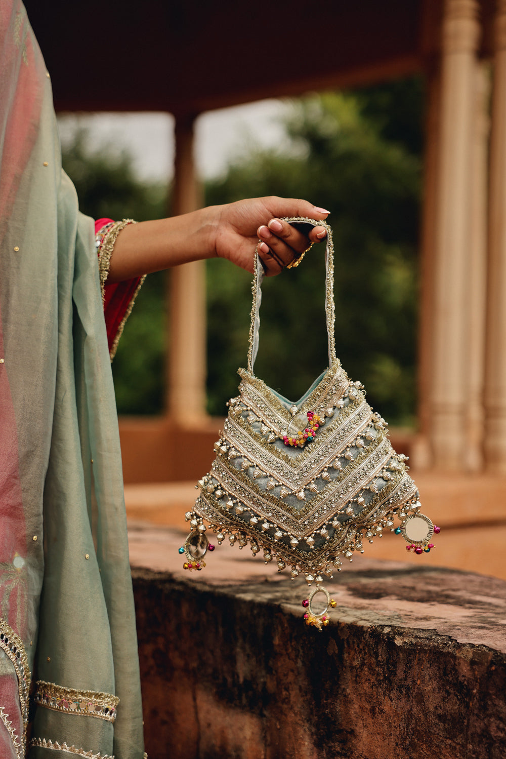 Sage Green Zari Tissue Potli Bag with Metallic Chevron Embroidery