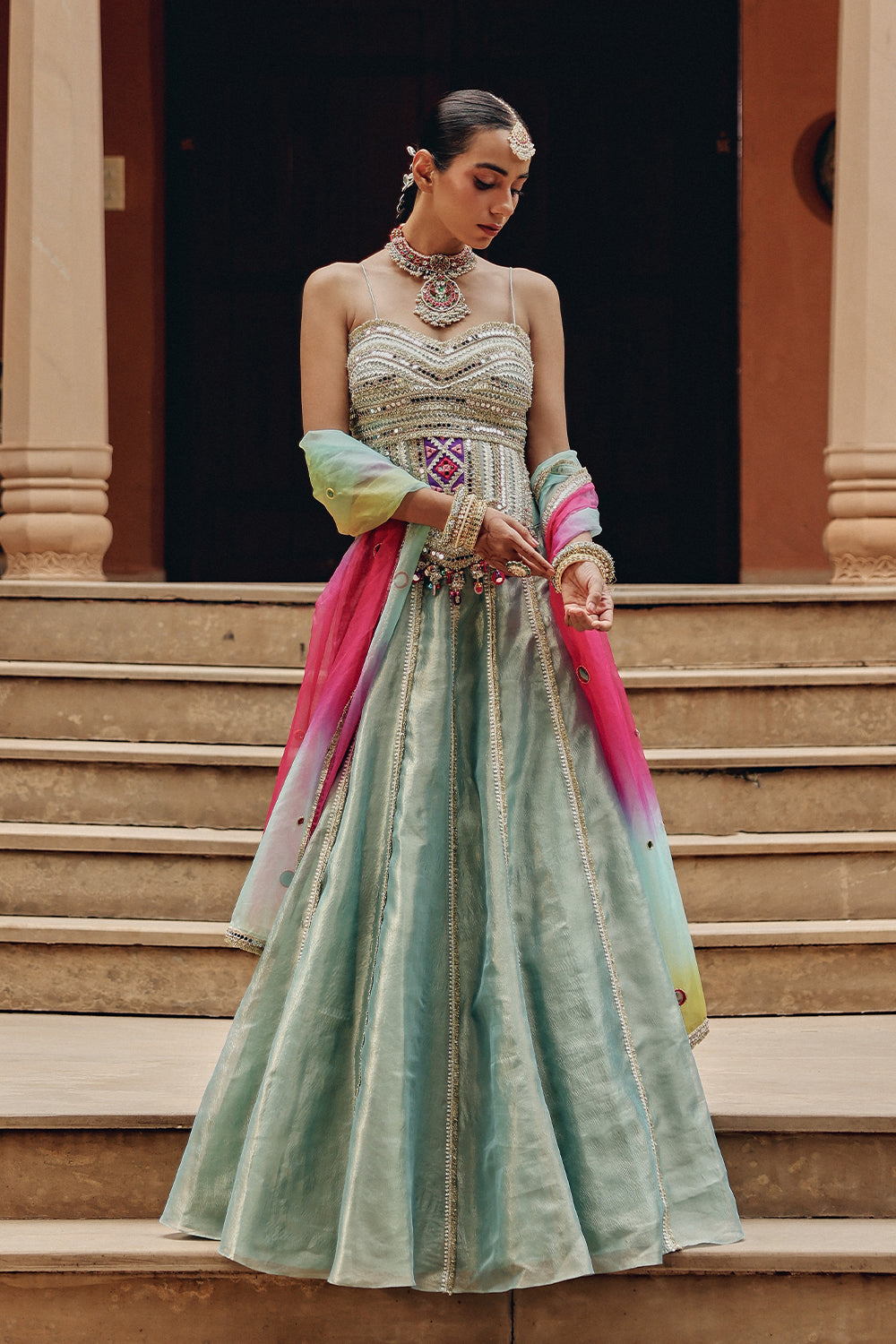 Sea Green Tissue Lehenga Set with Rainbow Organza Dupatta for Sangeet