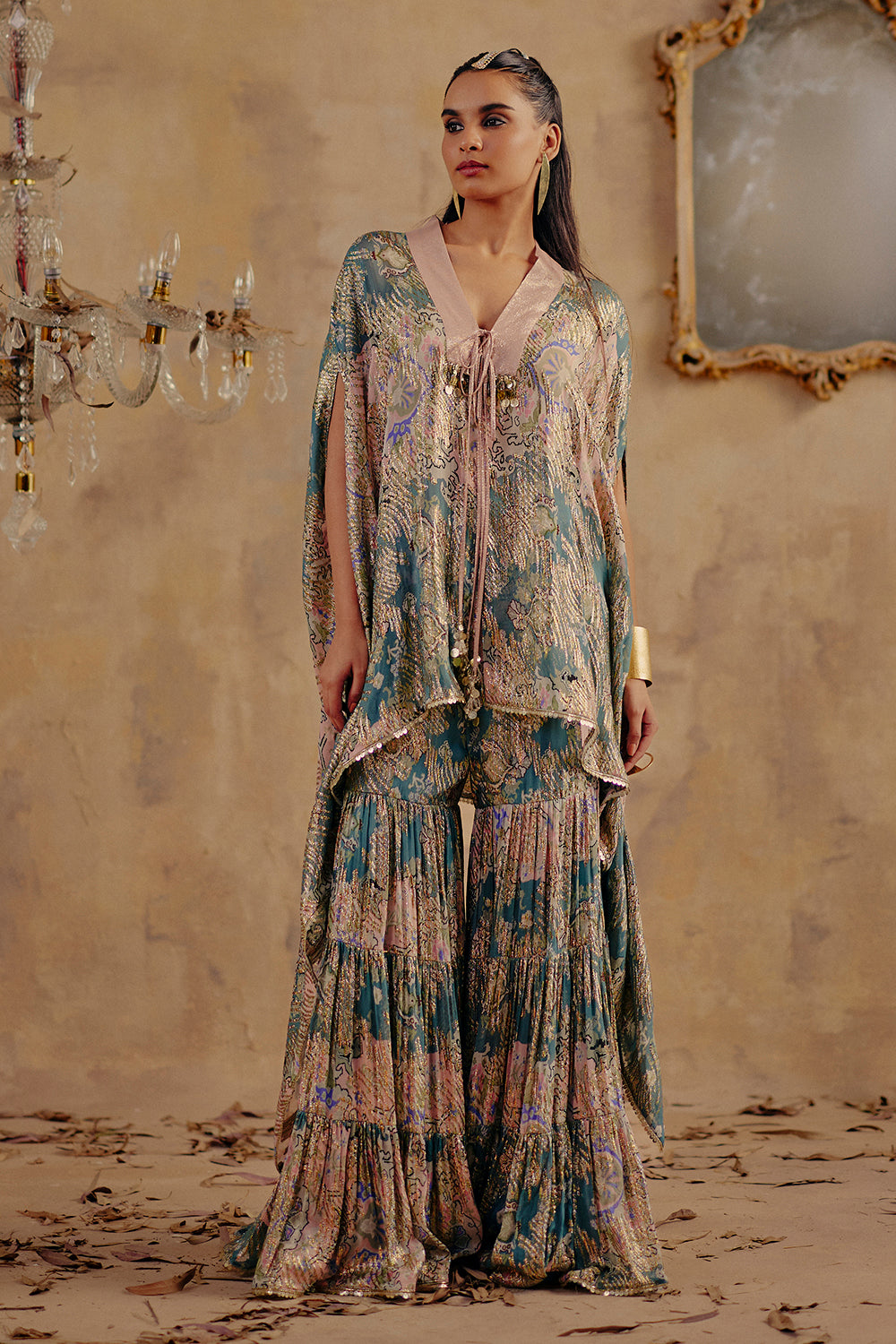 Zarina Printed Lurex Georgette Kaftan Set with Sharara Pants
