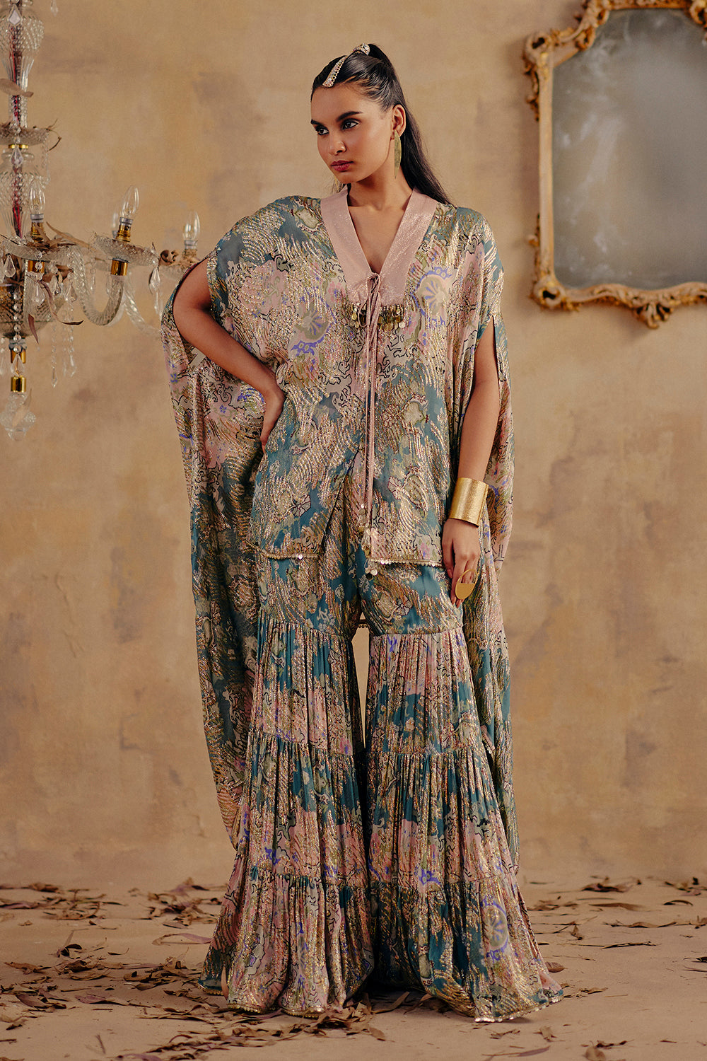 Zarina Printed Lurex Georgette Kaftan Set with Sharara Pants