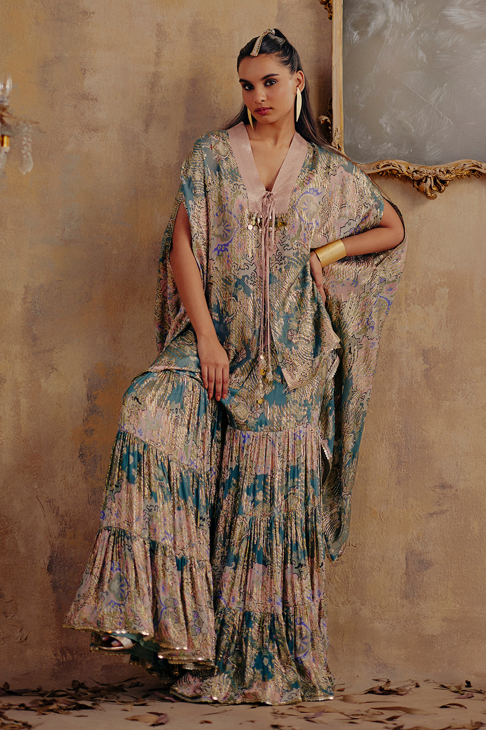 Zarina Printed Lurex Georgette Kaftan Set with Sharara Pants