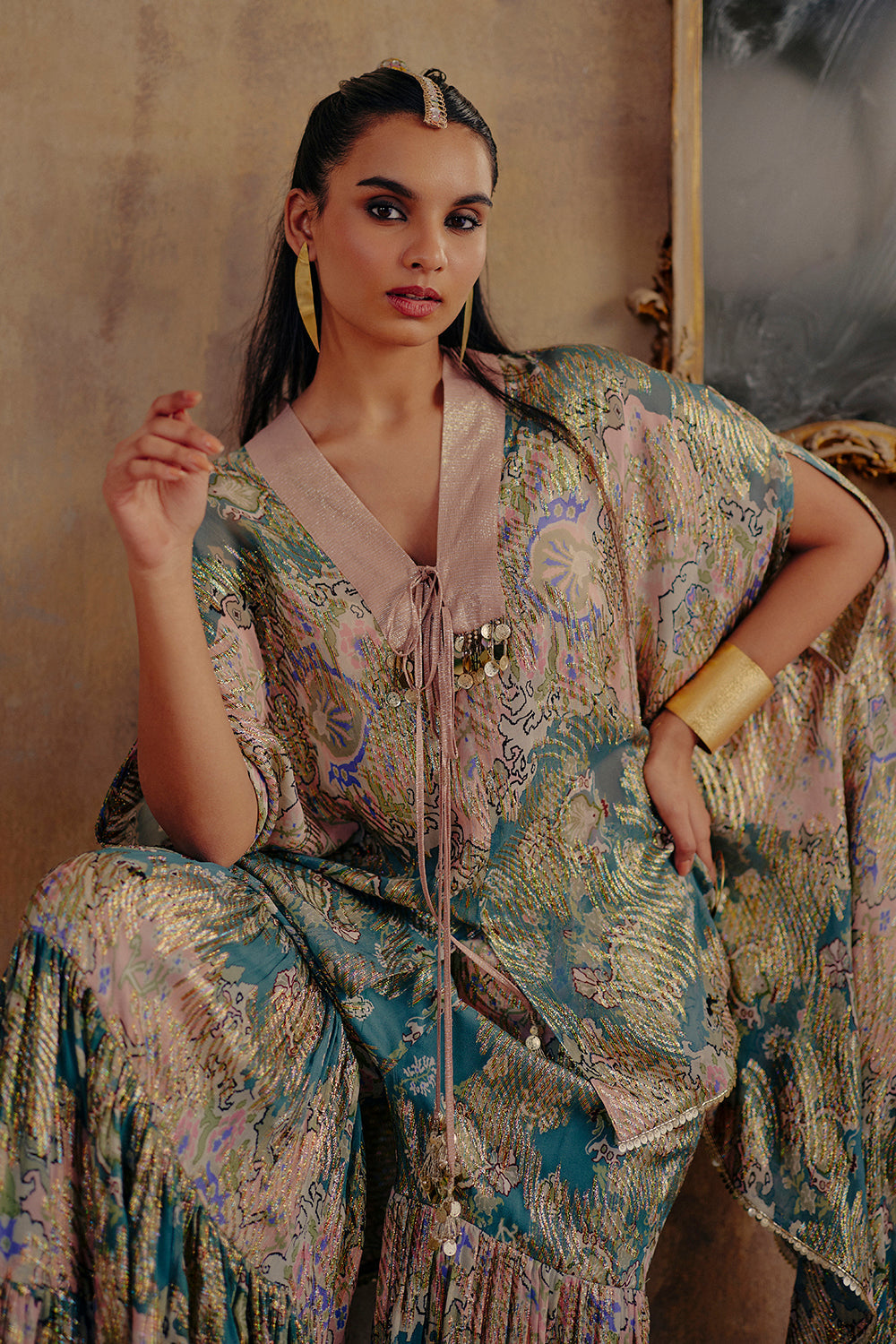 Zarina Printed Lurex Georgette Kaftan Set with Sharara Pants