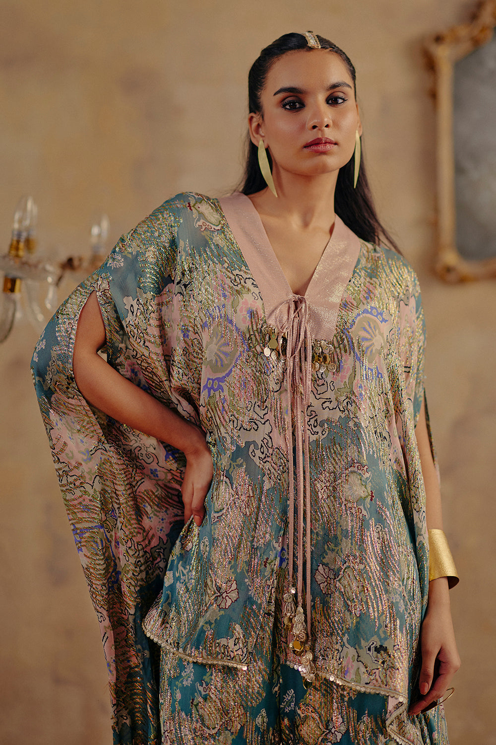 Zarina Printed Lurex Georgette Kaftan Set with Sharara Pants