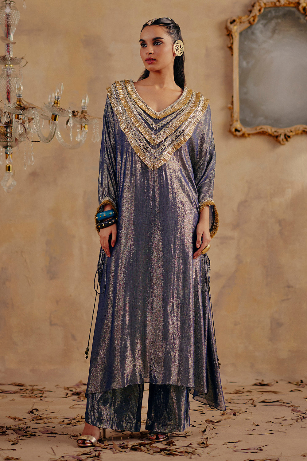 Chhavi Blue Lurex Georgette Kaftan Set with Chevron Embroidery