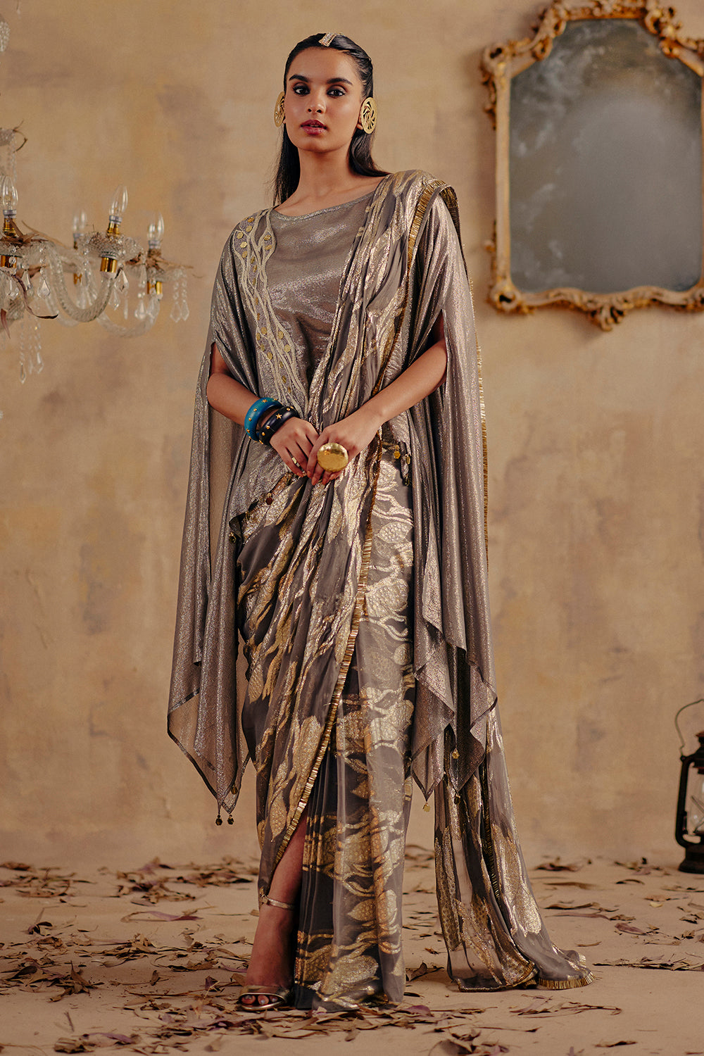 Ruhani Metallic Draped Sari Ensemble with Fluid Cape Sleeves